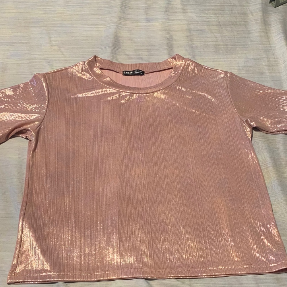 SHEIN Metallic Pink Short Sleeve Top